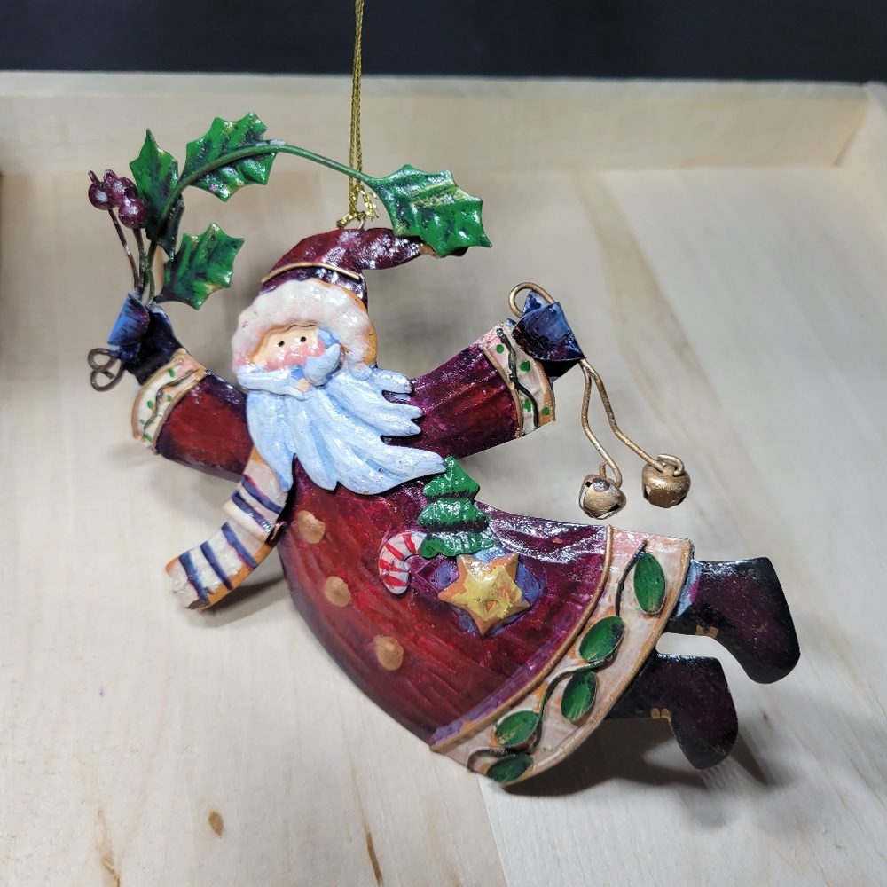 Vintage Metal Santa Claus Ornament Christmas, Jumping Santa with Holly and Bells